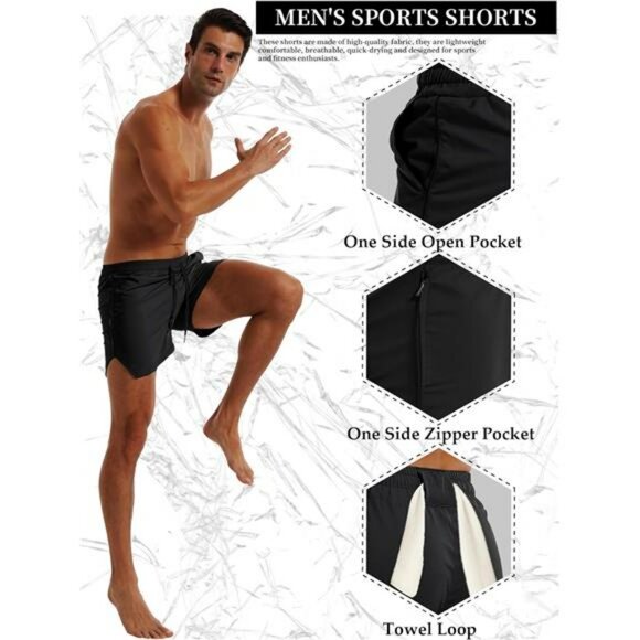Men's Gym Workout Shorts Quick Dry 3 Inch Running Training Zip Pocket Towel - Picture 3 of 7